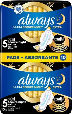 Always Ultra Secure Night Extra (Μέγεθος 5) Σερβιέτες με Φτερά, 10 ...