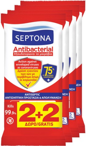 Septona Antibacterial Υγρά Μαντηλάκια 75% (4 x 15τμχ), 60τμχ