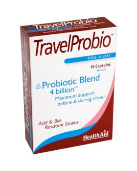 Health Aid Travel Probio Συμπλήρωμα Διατροφής Προβιοτικών Πρεβιοτικά (FOS) για Εύρρυθμη Εντερική Λειτουργία, 15 Κάψουλες