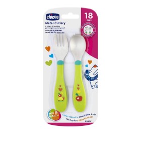 Chicco Metal Cutlery Mix & Match Σετ Πιρούνι Κουτάλι Χρώμα:Ροζ - Λαχανί 18m+ 1 Τεμάχιο