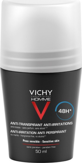 Vichy Homme Deodorant For Sensitive Skin Αποσμητικό Roll-on 48ωρης Προστασίας, 50ml