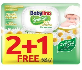 Babylino Promo Sensitive Chamomile 0% Perfume Μωρομάντηλα Με Καπάκι, 2+1 ΔΩΡΟ 3x54τμχ, 162 τμχ