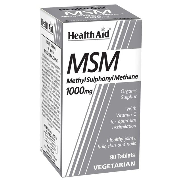 Health Aid MSM 1000mg with Vitamin C, Συμπλήρωμα Διατροφής με Οργανικό Θείο για Υγιή Μαλλιά, Νύχια, Δέρμα & Αρθρώσεις, 90 Φυτικές Ταμπλέτες