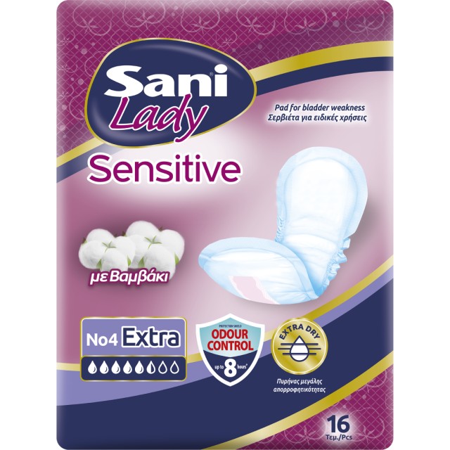 Sani Sensitive Lady With Cotton No4 Extra Σερβιέτες Ακράτειας με Βαμβάκι, 16 Τεμάχια