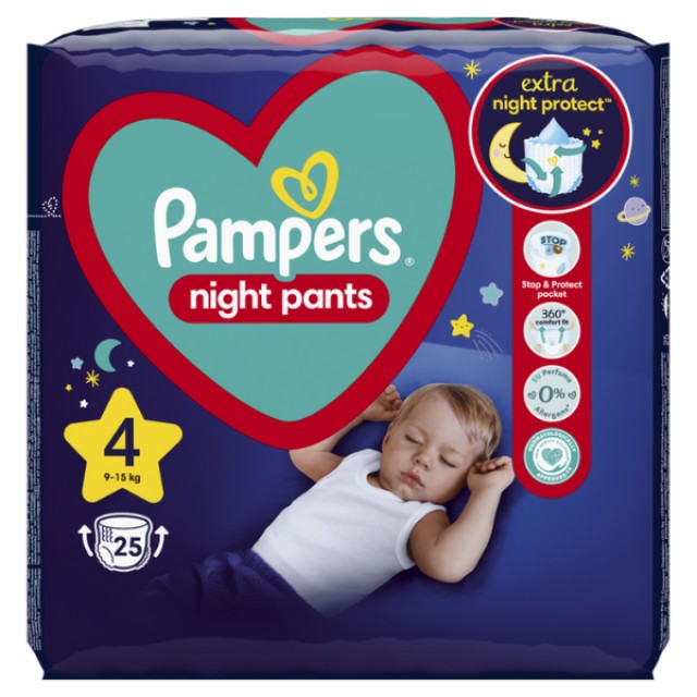 Pampers Night Pants No 4 Πάνες Βρακάκι Νυκτός Μέγεθος 4 (9kg-15kg), 25 Τεμάχια
