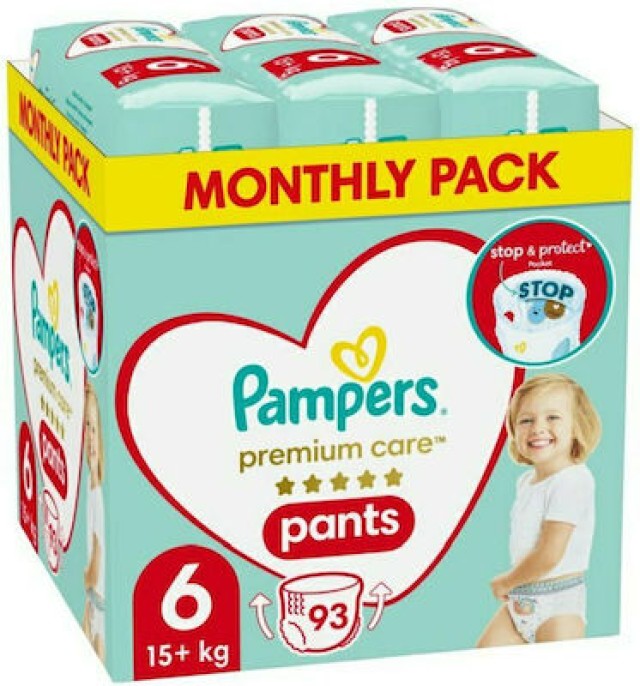 Pampers Premium Care No.6 Monthly Pack (15+kg) Βρεφικές Πάνες Βρακάκι, 93 Τεμάχια