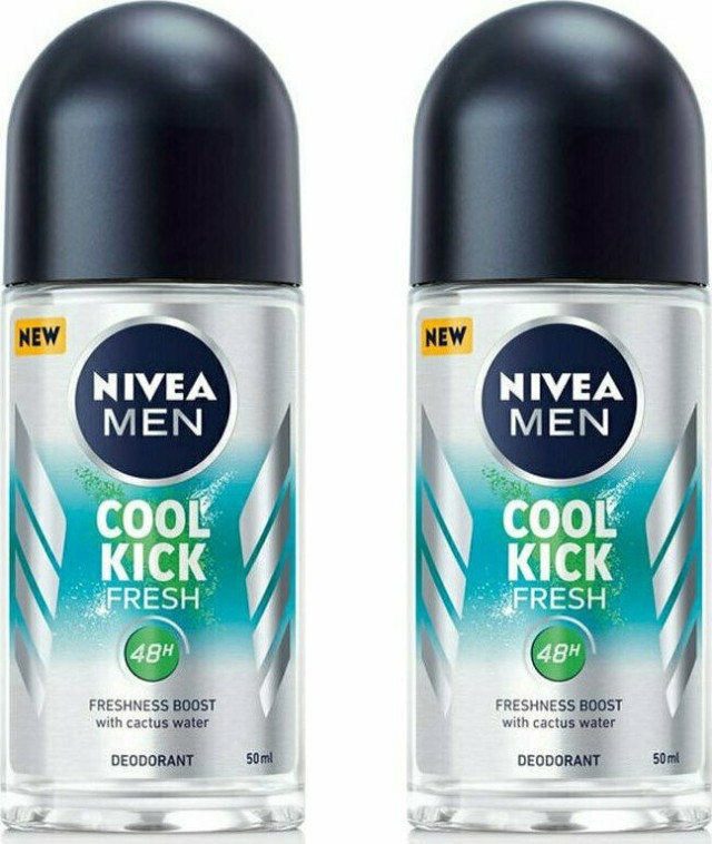 Nivea Men Cool Kick Fresh Deo Roll on Αποσμητικό 48ωρης Προστασίας Με Νερό Κάκτου, 2x50ml 1+1 Δώρο