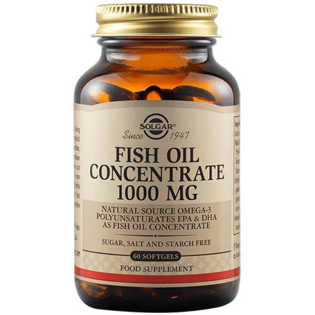 Solgar Fish Oil Concentrate 1000mg Συμπλήρωμα Διατροφής Με Ωμέγα 3 Λιπαρά Οξέα EPA - DHA, 60 Μαλακές Κάψουλες