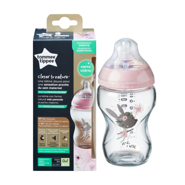 Tommee Tippee Closer To Nature Glass Girl Γυάλινο Μπιμπερό Μικρής Ροής με Σχέδιο για Κορίτισι 0m+, 250ml