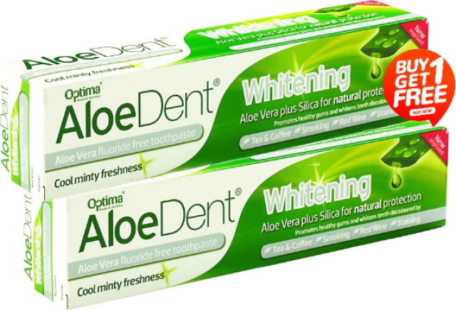 Optima Aloe Dent Whitening Οδοντόκρεμα Χωρίς Φθόριο Για Λεύκανση - Έκπτωση 50% Στη Δεύτερη Συσκευασία, 2x100ml