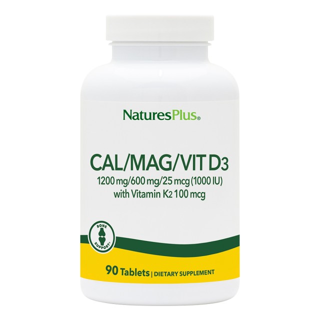 Natures Plus Cal/Mag/Vit D3 With Vitamin K2 Aσβέστιο, Mαγνήσιο,Bιταμίνη D3 και Bιταμίνη Κ2, 90 Ταμπλέτες