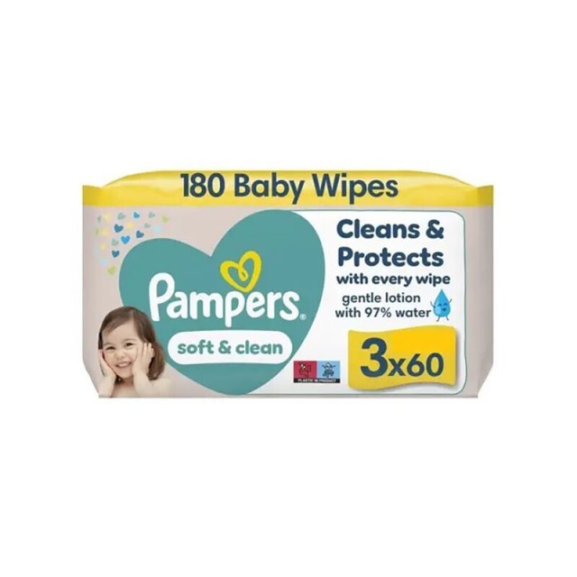 Pampers Soft & Clean Wipes Μωρομάντηλα, 3 X 60 (180τμχ)
