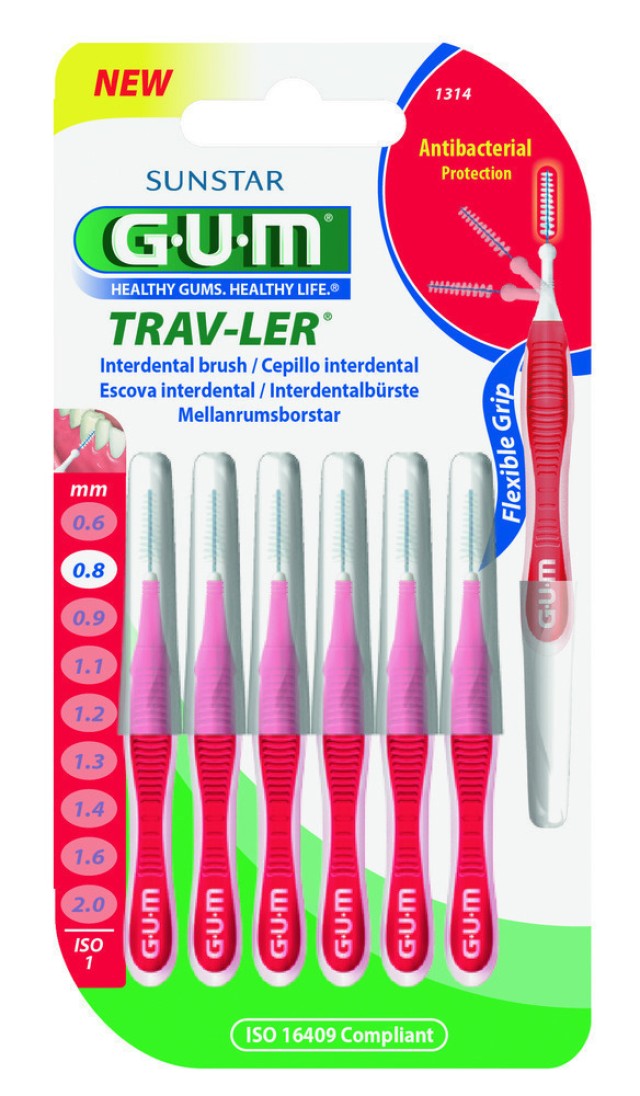 Sunstar GUM Trav-ler Interdental Brush Μεσοδόντιο Βουρτσάκι 0.8mm Κόκκινο, 6τμχ