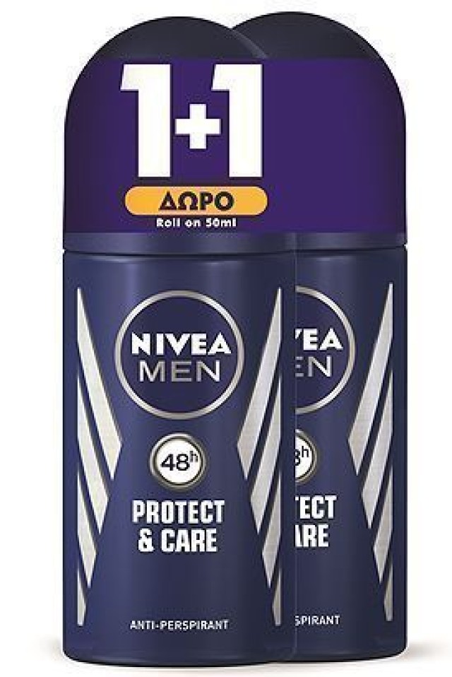 Nivea Men Protect & Care Ανδρικό Αποσμητικό Roll-on 48ωρης Προστασίας 1+1 ΔΩΡΟ, 2x50ml