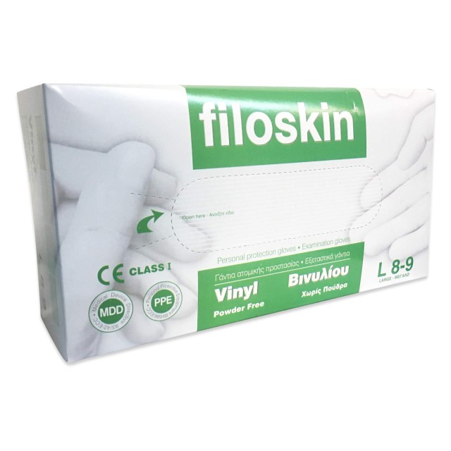 Filoskin Γάντια Βινυλίου Χωρίς Πούδρα Μέγεθος:L, 100 Τεμάχια