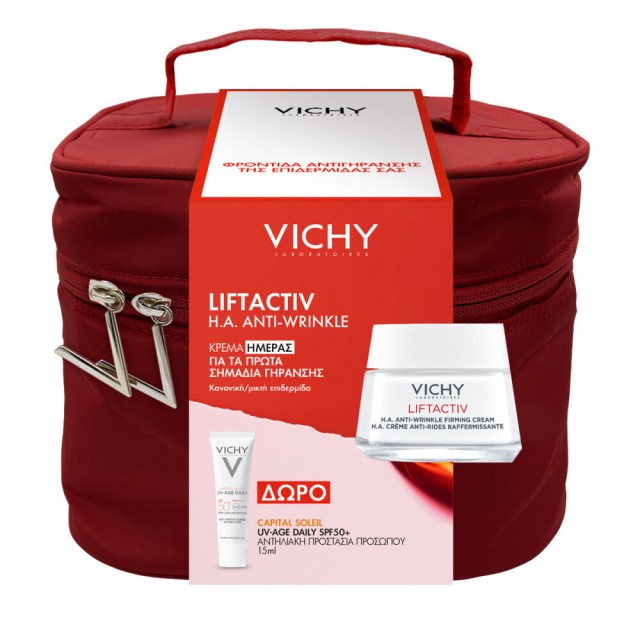 Vichy Promo Liftactiv H.A. Αντιρυτιδική Κρέμα Προσώπου 50ml + Capital Soleil, UV-Age Daily SPF50+ 15ml + Κόκκινο Νεσεσέρ
