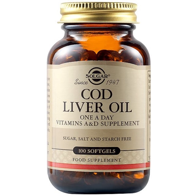 Solgar Cod Liver Oil Συμπλήρωμα Διατροφής Λιπαρών Οξέων και Βιταμινών, 100 Μαλακές Κάψουλες