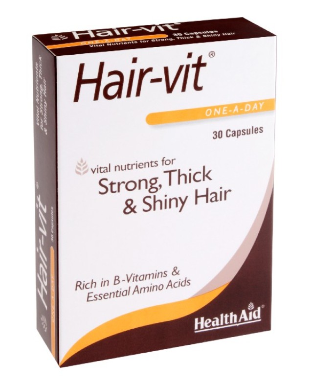 Health Aid Hair-Vit Συμπλήρωμα Διατροφής με Βιταμίνες, Μέταλλα, Ιχνοστοιχεία & Αμινοξέα για Υγιή Μαλλιά, 30 Κάψουλες