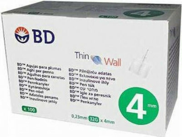 BD Thin Wall Αποστειρωμένες Βελόνες για Πένες Ινσουλίνης 4mm x 0.23mm (32G), 100 τεμάχια