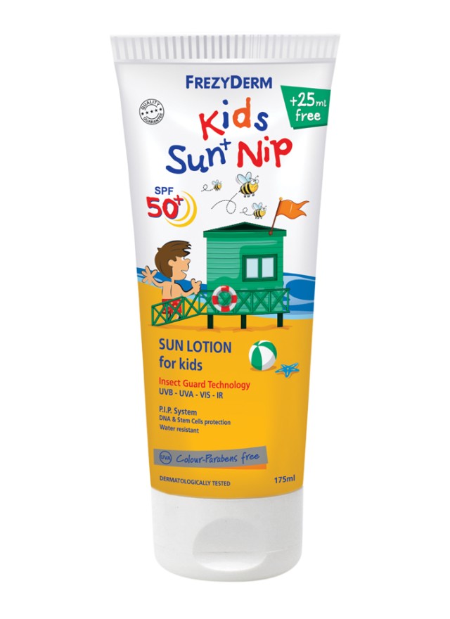 Frezyderm Kids Sun+ Nip SPF50+ Παιδικό Αντηλιακό Γαλάκτωμα Με Εντομοαπωθητική Δράση, 175ml +ΔΩΡΟ 25ml Επιπλέον Ποσότητα