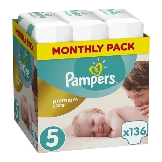 Pampers Premium Care Βρεφικές Πάνες με Αυτοκόλλητο Μέγεθος 5 (11-16kg) Monthly Pack, 136 Τεμάχια