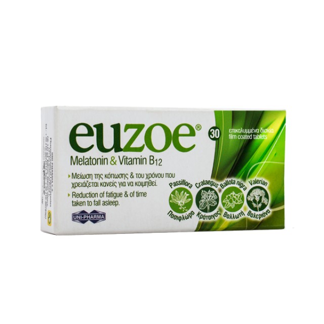 Euzoe Melatonin & Vitamin B12 Συμπλήρωμα διατροφής με Μελατονίνη και Βιταμίνη Β12, 30 Ταμπλέτες