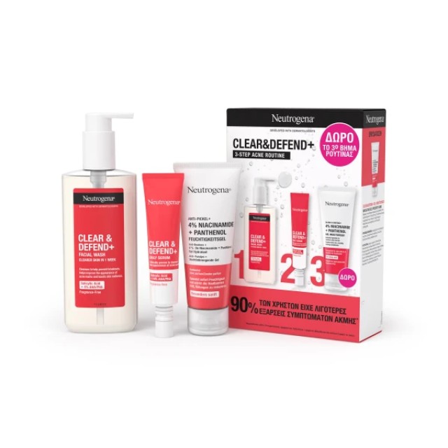 Neutrogena Promo Clear & Defend+ 3-Step Acne Routine Clear & Defend+ Καθαριστικό Προσώπου 200ml + Ορός Προσώπου 30ml + Ενυδατικό Gel Προσώπου 50ml