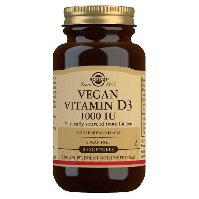 Solgar Vitamin D3 1000 IU Vegan Συμπλήρωμα Διατροφής με Φυσική Βιταμίνη D3, 60 Mαλακές Kάψουλες