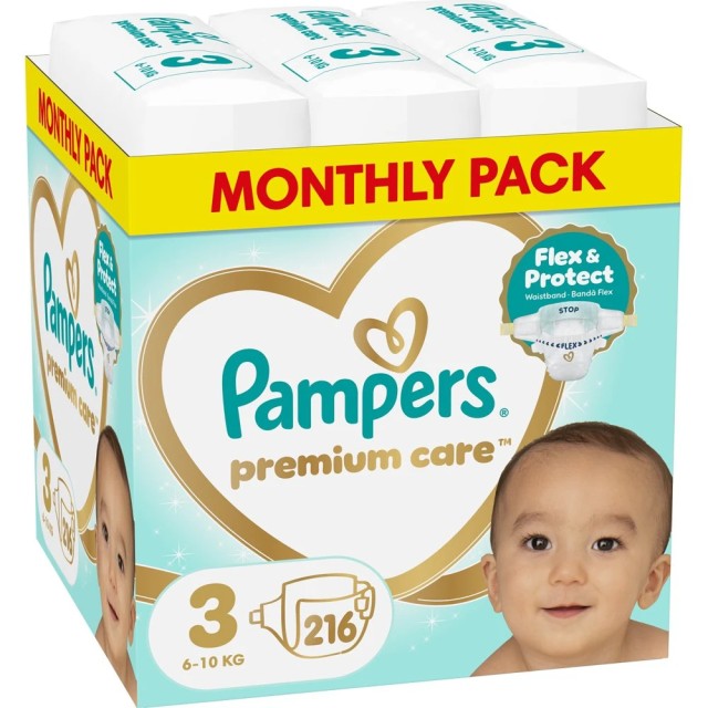 Pampers Premium Care Monthly Pack No.3 (6-10kg) Βρεφικές Πάνες, 216τμχ