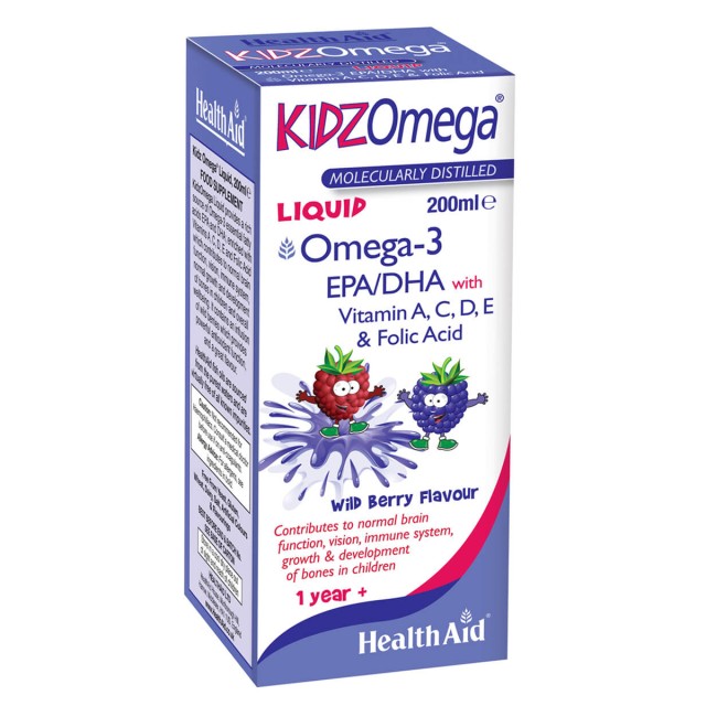 Health Aid KIDZ Omega Liquid Συμπλήρωμα Διατροφής με Ω3 Λιπαρά Οξέα σε Υγρή Μορφή με Γεύση Άγριο Βατόμουρο, 200ml