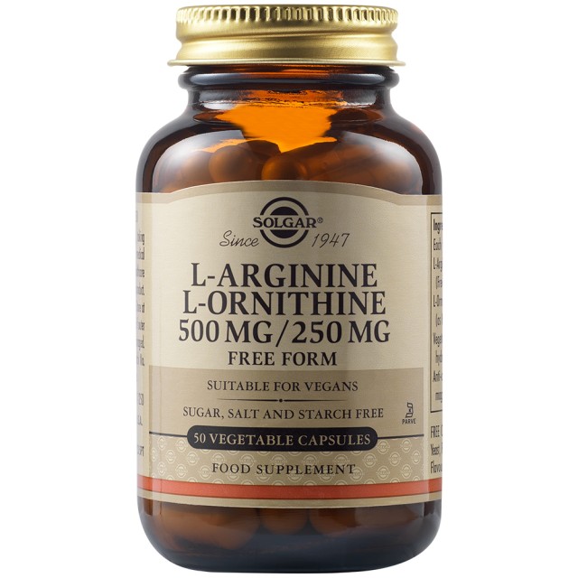 Solgar L-Arginine 500 mg / L-Ornithine 250 mg Συμπλήρωμα για την Αναδόμηση των Μυών, 50 Φυτικές Κάψουλες