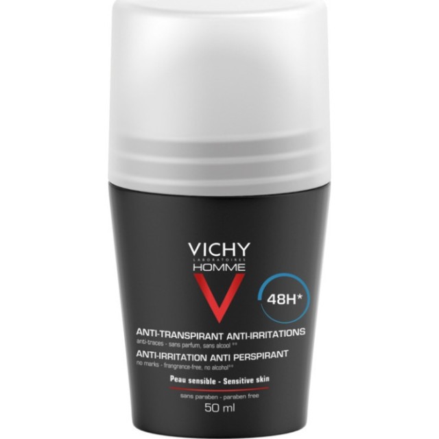 Vichy Homme Deodorant For Sensitive Skin Αποσμητικό Roll-on 48ωρης ...