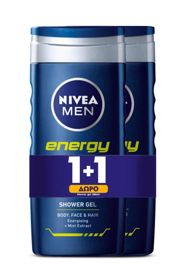 Nivea Men PROMO Energy Shower Ανδρικό Gel Για Πρόσωπο - Σώμα - Μαλλιά, 2x500ml (1+1 ΔΩΡΟ)