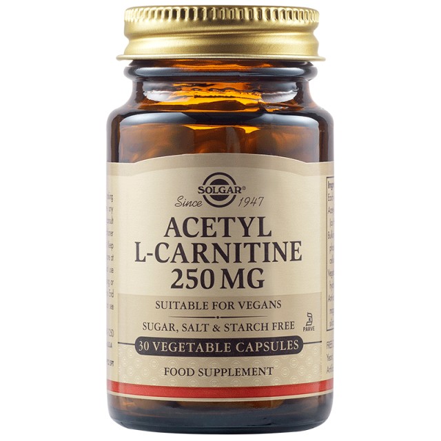 Solgar Acetyl-L-Carnitine Ακετυλική-L-Καρνιτίνη 250mg, 30 Φυτικές Κάψουλες