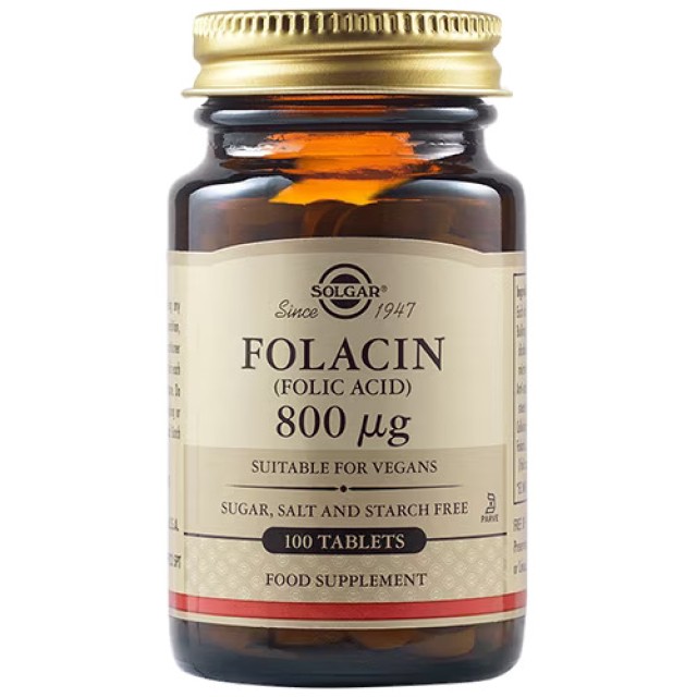 Solgar Folacin (Folic Acid) 800μg Φολικό Οξύ Για Την Ανάπτυξη Του Μητρικού Ιστού & Του Νευρικού Συστήματος Στο Αναπτυσσόμενο Έμβρυο, 100 Ταμπλέτες
