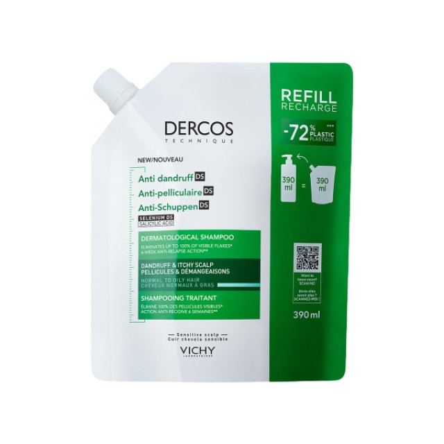 Vichy Dercos Anti-Dandruff DS Refill  Σαμπουάν κατά της Ξηροδερμίας, της Πιτυρίδας και του Κνησμού για Κανονικά - Λιπαρά Μαλλιά Ανταλλακτικό, 390ml