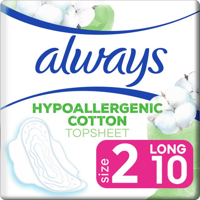 Always Hypoallergenic Cotton Size 2 Long Σερβιέτες Με Φτερά, 10 Τεμάχια