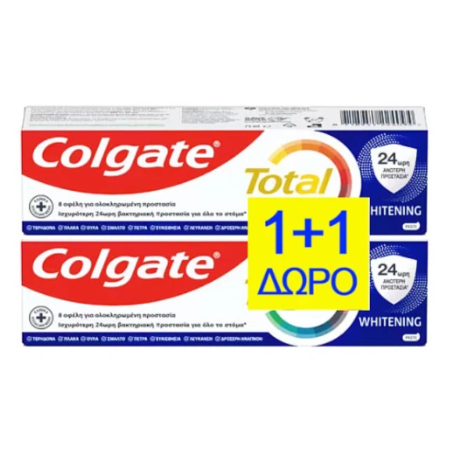 Colgate Promo Total Whitening Οδοντόκρεμα για 24ωρη Βακτηριακή Προστασία, 1+1