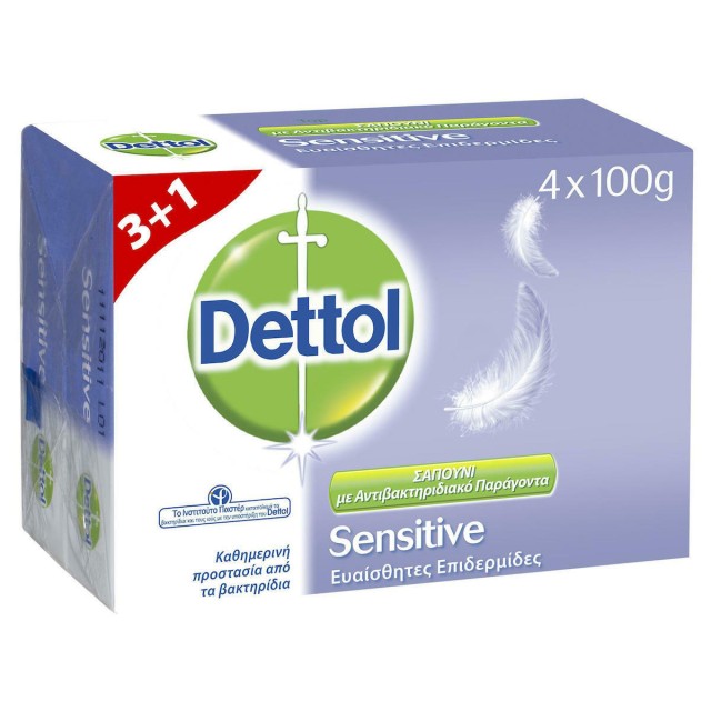 Dettol Bar Soap Sensitive 3+1 Δώρο Αντιβακτηριδιακό Σαπούνι Για Χέρια Και Σώμα, 100gr