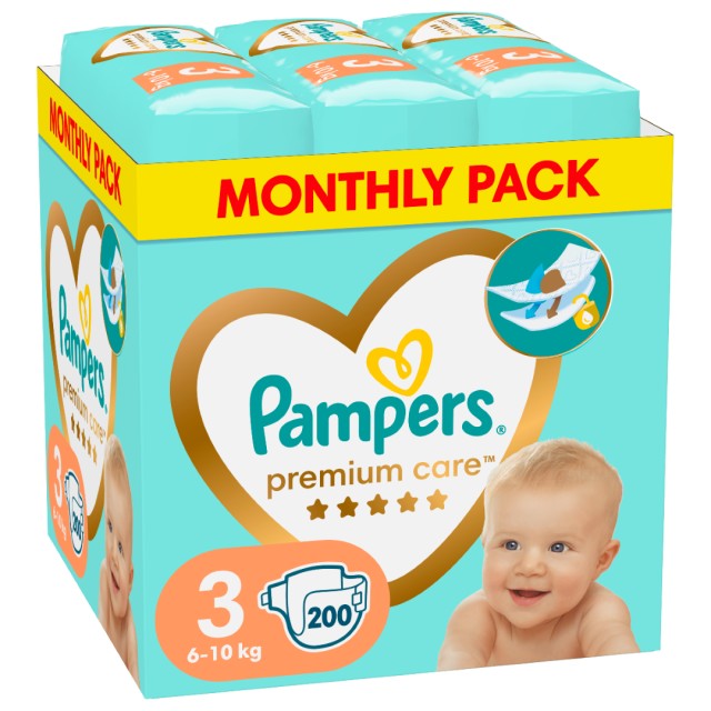 Pampers Premium Care Monthly Pack Πάνες με Αυτοκόλλητο Νο3 (6-10kg), 200 Tεμάχια