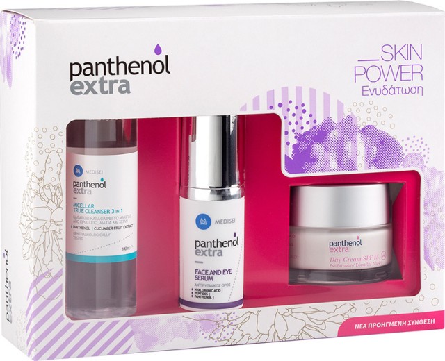 Panthenol PROMO Extra Face Eye Serum Αντιρυτιδικός Ορός Προσώπου - Ματιών 30ml - Day Cream SPF15 Ενυδατική Κρέμα Ημέρας Με Δείκτη Προστασίας 50ml - ΔΩΡΟ Micellar True Cleanser 3 in 1 Καθαριστικό Προσώπου 100ml