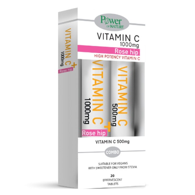 Power Of Nature Vitamin C 1000mg Rose Hip, 20 αναβράζοντα δισκία & Vitamin C 500mg, 20 αναβράζοντα δισκία