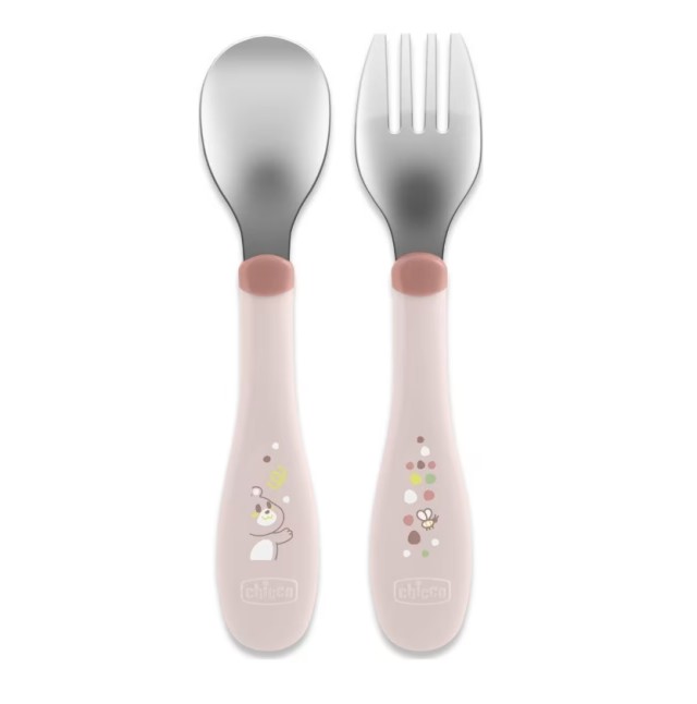 Chicco Baby Fork-spoon set Metallic Pink Σετ Μεταλλικό Πιρούνι - Κο...