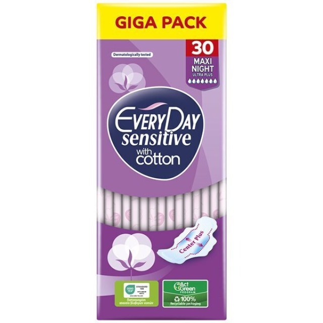 Everyday Σερβιέτες Sensitive Cotton Maxi Night Ultra Plus Giga Pack Σερβιέτες Για Μεγάλη Ροή, 30 Τεμάχια