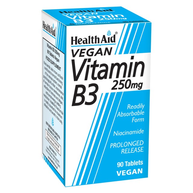 Health Aid Vitamin B3 Niacin 250mg, Χρήσιμη για την Παραγωγή Ενέργειας από την Τροφή, στην Ακμή και στη Διατήρηση Σωστών Επιπέδων χοληστερόλης (HDL-LDL), 90 Ταμπλέτες
