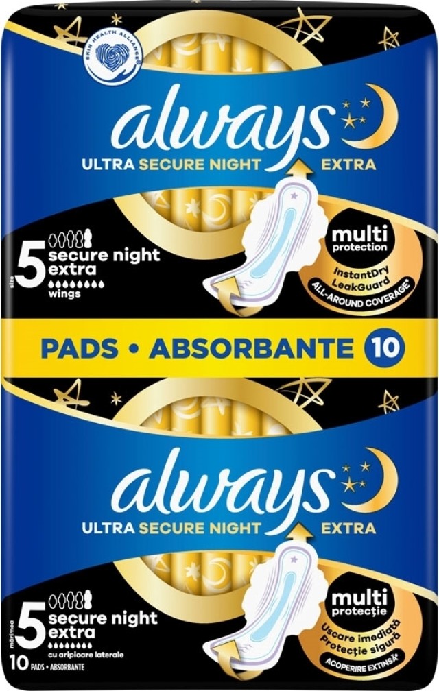 Always Ultra Secure Night Extra (Μέγεθος 5) Σερβιέτες με Φτερά, 10 Τεμάχια