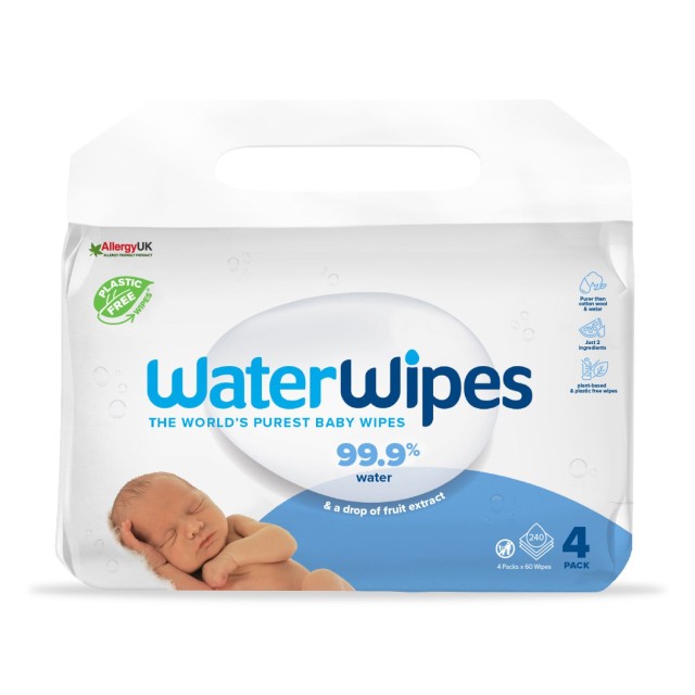 WaterWipes Οικολογικά Μωρομάντηλα με 99,9% Νερό, 4x60 Τεμάχια