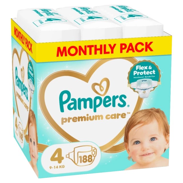 Pampers Premium Care Πάνα No4 (9-14kg), 188 τεμάχια