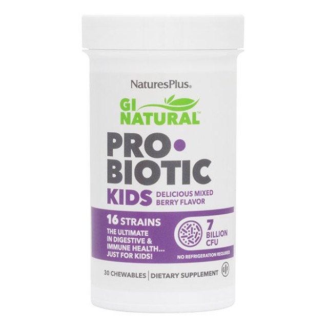 Natures Plus Gi Natural Probiotic Kids Προβιοτικά Για Παιδιά Με Πρεβιοτικές Φυτικές Ίνες, 30 Μασώμενες Ταμπλέτες