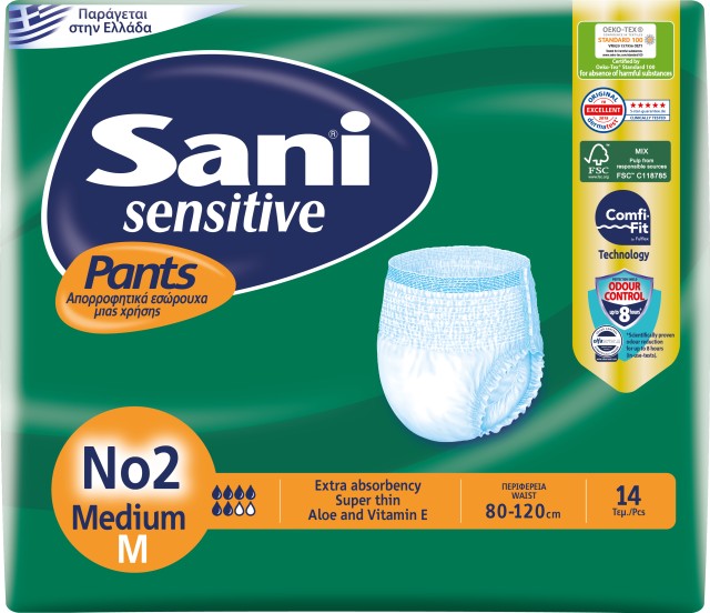Sani Sensitive Pants Μέγεθος Medium No2 Ελαστικό Εσώρουχο Ακράτειας Ενηλίκων, 14 Τεμάχια